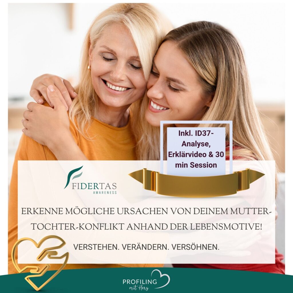 Entdecke mit der Persönlichkeitsanalyse deiner Lebensmotive die wahren Ursachen eures Mutter-Tochter-Konflikts. Erhalte dein individuelles Profil, einen Analysebericht und ein Erklärvideo – für mehr Verständnis, Nähe und weniger Streit.