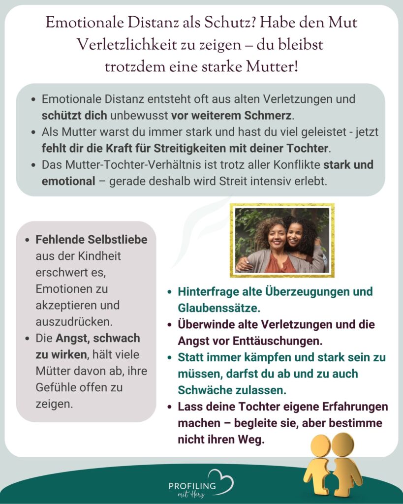 Emotionale Distanz als Schutz entsteht oft durch alte Verletzungen. Sie bewahrt vor Schmerz, verhindert aber Nähe zur erwachsenen Tochter und echte Verbindung.
