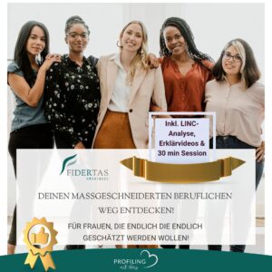 Mit dem LINC Career Profiler erhältst du eine wissenschaftlich fundierten Persönlichkeitsanalyse, die dir als Frau wertvolle und hilfreiche Impulse und Hilfestellungen bietet. Der Motiv-Check zeigt dir, was dich im Job wirklich antreibt. Du erhältst konkrete Berufsempfehlungen aus über 300 Berufe und Branchen – abgestimmt auf dein Profil Setze deine Ergebnisse direkt um und entwickle dein individuelles Erfolgsrezept.