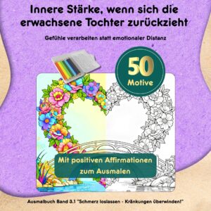 ✨ Kennst du dieses Gefühl? Wenn der Alltag mit deiner erwachsenen Tochter von Missverständnissen, Schweigen und Verletzungen geprägt ist? Wenn du unsicher bist, was du sagen darfst? Ihr sprecht nicht mehr die gleiche Sprache? 👉 Dieses Malbuch begleitet dich auf deinem Weg, deine Gefühle achtsam wahrzunehmen und innere Ruhe zu finden. Trotz Konflikten und emotionaler Distanz. Es unterstützt dich, auch in schwierigen Momenten mit dir selbst verbunden zu bleiben und innere Kraft zu schöpfen. Mit 50 fein gestalteten Motiven und positiven Affirmationen lädt dich dieses Achtsamkeits-Malbuch dazu ein, Traurigkeit und Unsicherheit zu überwinden. Jede Farbe, die du wählst, stärkt deine Selbstliebe und dein Selbstwertgefühl. Dieses Ausmalbuch bietet einen geschützten Raum, um gelassener mit deiner Enttäuschung umzugehen. Jede Seite schenkt dir eine kreative Auszeit, in der dein Gedankenkarussell zur Ruhe kommt.